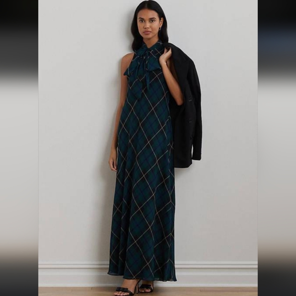Ralph Lauren Dark Green and Navy Plaid Tie-Neck Maxi Dress with Bow